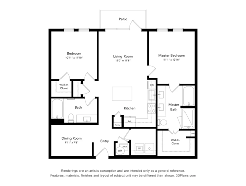 Floor plan for 2 beds, 2 baths, 1177 sqft